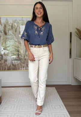 BATA FEMININA BORDADA - COSH JEANS - Jeans escuro
