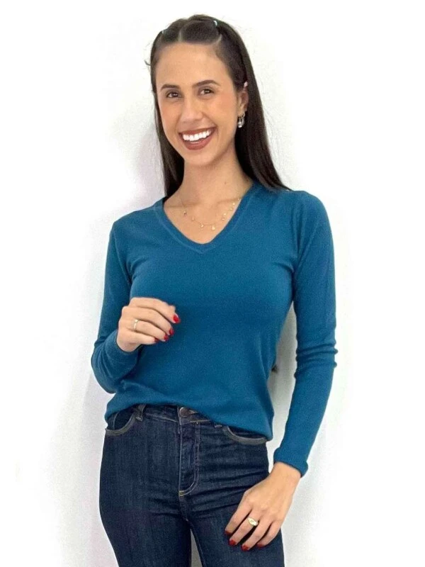 BLUSA BÁSICA DE LÃ GOLA EM V FEMININA  COSH JEANS - Turquesa