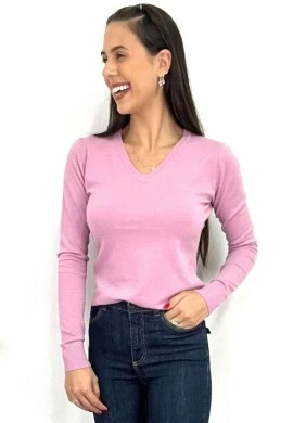 BLUSA BÁSICA DE LÃ GOLA EM V FEMININA  COSH JEANS - Rosa