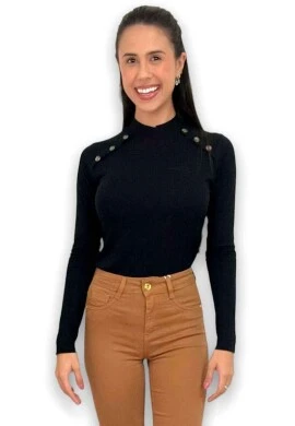 BLUSA CANELADA MANGAS LONGAS E MEIA GOLA  COSH JEANS - Preto