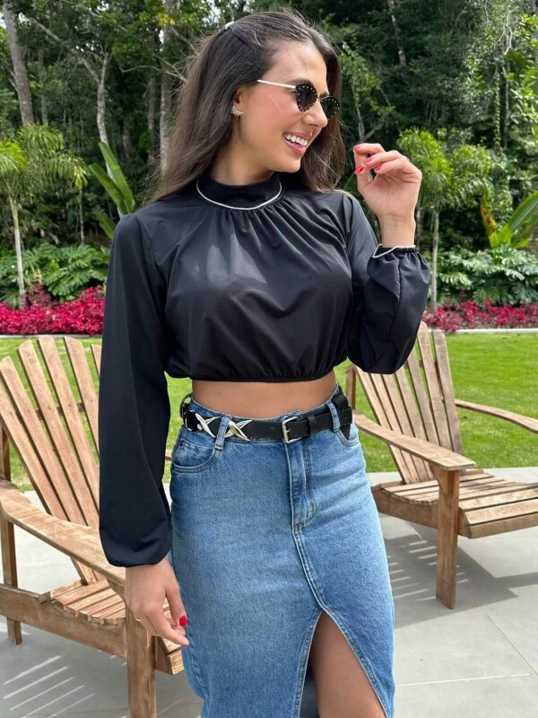 BLUSA CROPPED MANGA LONGA C/ ELASTICO - Preto