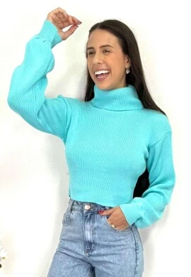 BLUSA CROPPED TRICOT MANGA LONGA  COSH JEANS - Azul soft