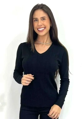 BLUSA DE LÃ FEMININA COM DECOTE EM V  COSH JEANS - Preto