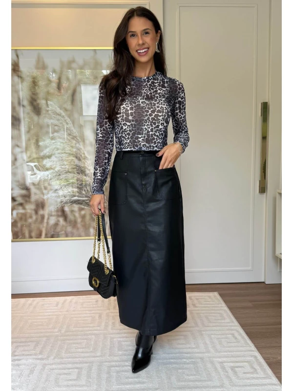 BLUSA DE TULE ANIMAL PRINT - COSH JEANS - Cinza