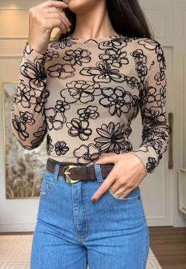 BLUSA DE TULE RENDADA GIULIA - COSH JEANS - Marrom