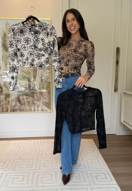 BLUSA DE TULE RENDADA GIULIA - COSH JEANS - Marrom