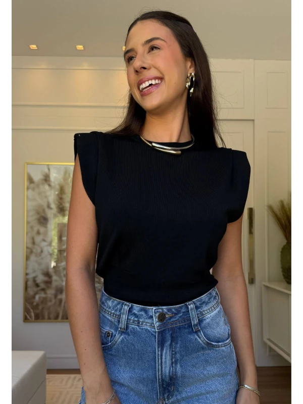 BLUSA FEMININA YASMIN COM OMBREIRA - COSH - Preto