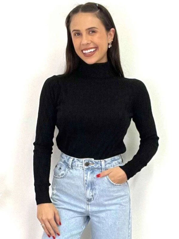 BLUSA GOLA ALTA DE LÃ FEMININA  COSH JEANS - Preto