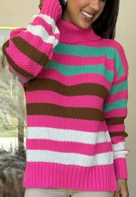 BLUSA LISTRADA GOLA ALTA - COSH JEANS - Pink