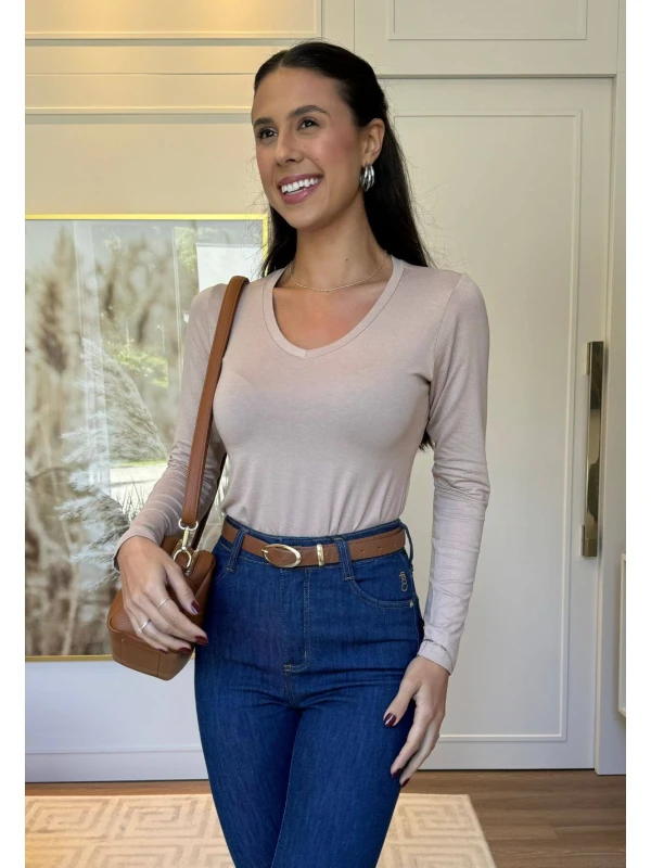 BLUSA MANGA LONGA FEMININA DE VISCO - COSH JEANS - Bege