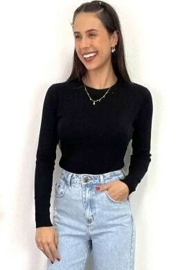 BLUSA TRICOT DETALHADA FEMININA MANGAS LONGAS  COSH JEANS - Preto