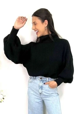BLUSA TRICOT MANGA BUFANTE E GOLA ALTA  COSH JEANS - Preto