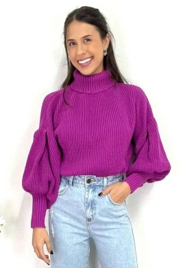 BLUSA TRICOT MANGA BUFANTE E GOLA ALTA  COSH JEANS - Roxo