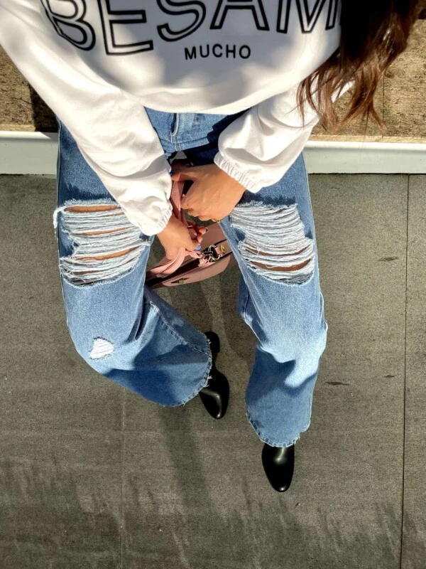 CALÇA FEMININA WIDE LEG DESTROYED - Jeans