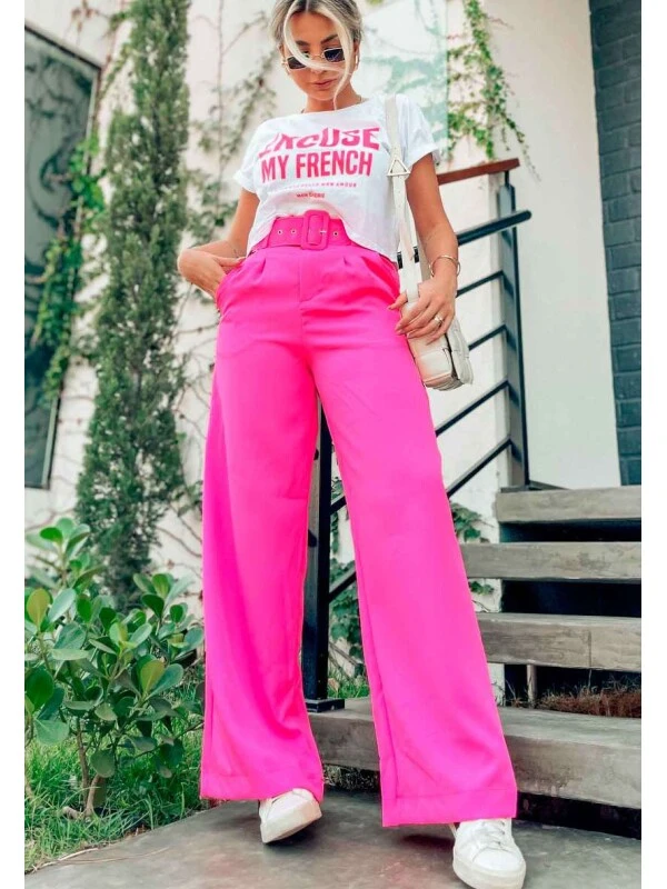 CALÇA PANTALONA COM CINTO FEMININA NEGA RIO - COSH JEANS - Pink