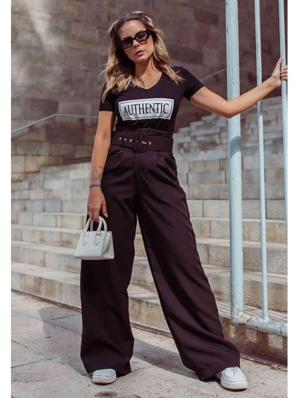 CALÇA PANTALONA COM CINTO FEMININA NEGA RIO - COSH JEANS - Preto