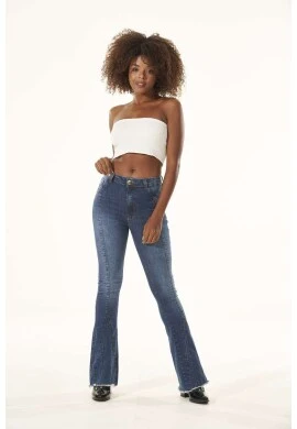 CALÇA FLARE RECORTE NA BARRA COM ELASTANO - Jeans