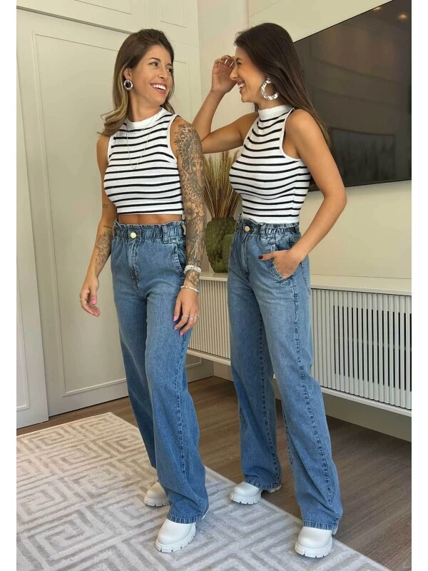 CALÇA JEANS WIDE LEG COM ELÁSTICO FEMININA - COSH - Jeans
