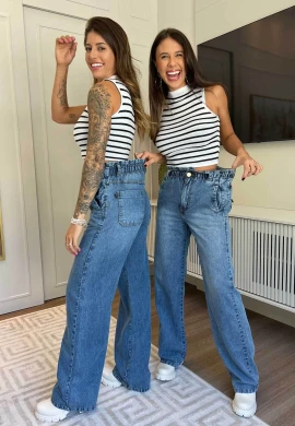 CALÇA JEANS WIDE LEG COM ELÁSTICO FEMININA - COSH - Jeans