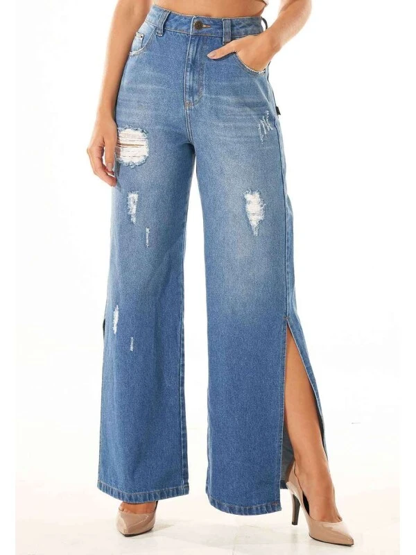 CALÇA JEANS WIDE LEG DESTROYED - Jeans