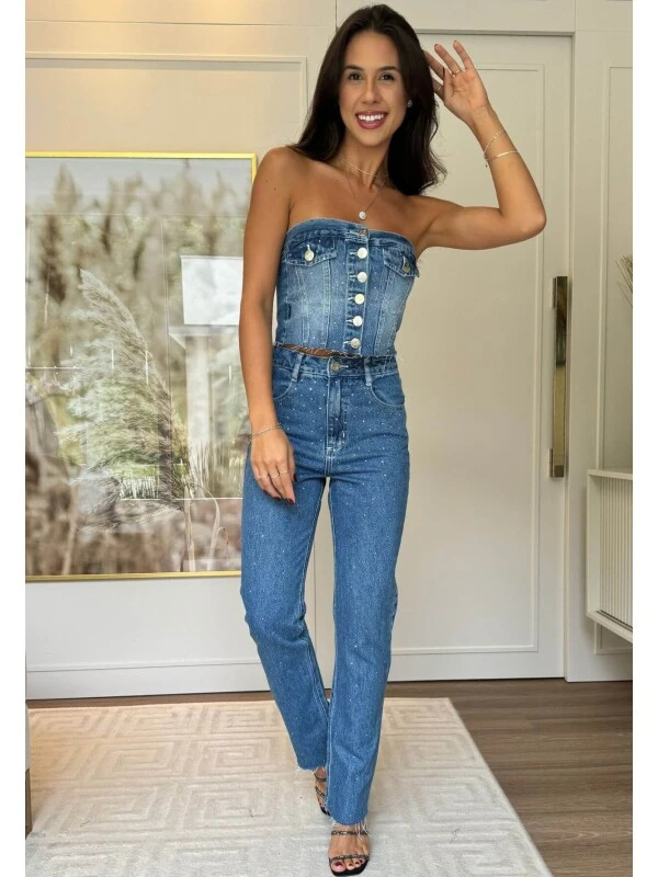 CALÇA RETA FEMININA COM BRILHO EMILI - COSH JEANS - Jeans