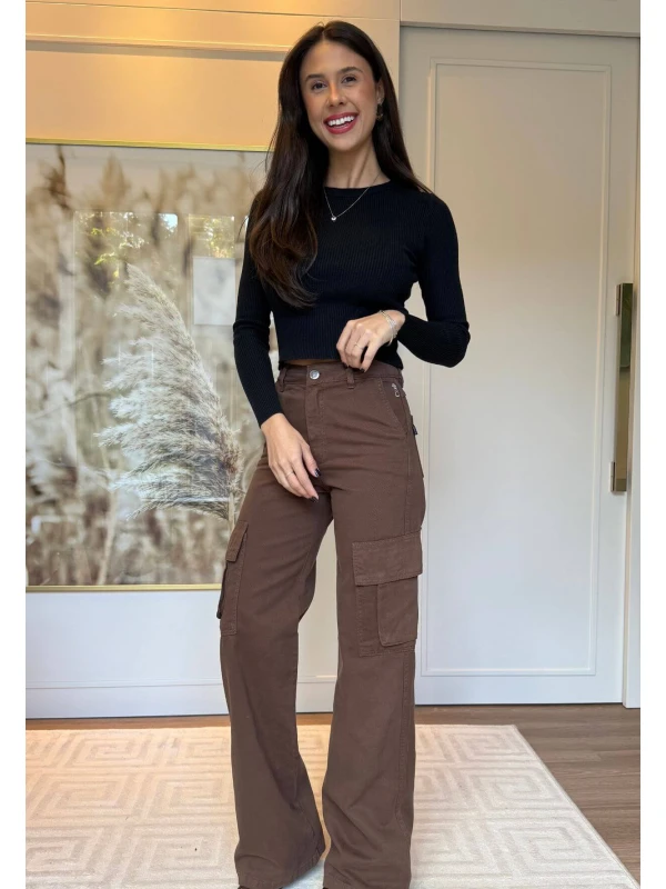 CALÇA WIDE LEG CARGO JESSICA - COSH JEANS - Marrom