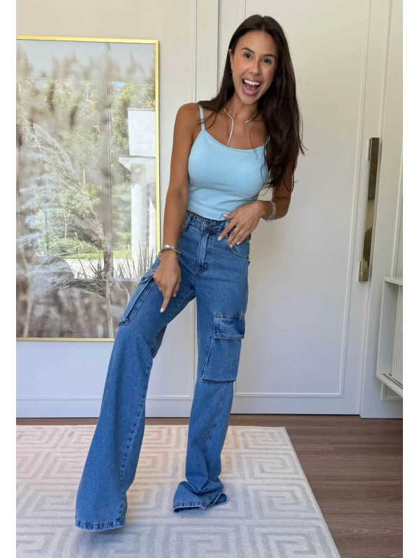 CALÇA WIDE LEG CARGO LONGA FEMININA LUNA - COSH JEANS - Jeans