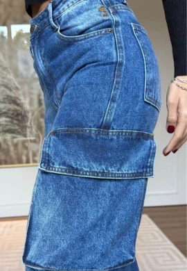 CALÇA WIDE LEG CARGO LONGA FEMININA MARIANA - COSH JEANS - Jeans escuro