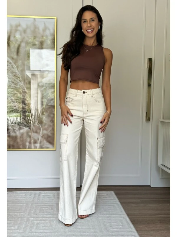 CALÇA FEMININA WIDE LEG CARGO - PERLA - Off white