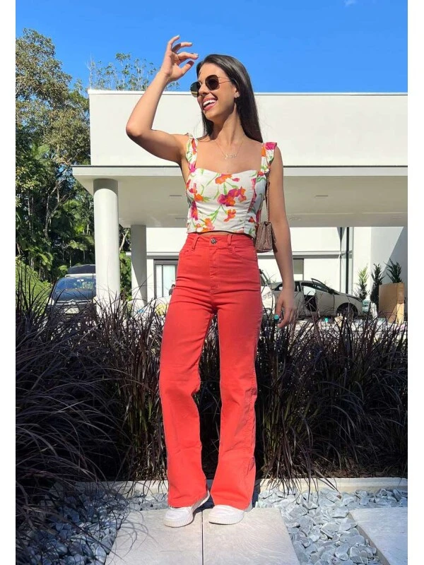 CALÇA WIDE LEG COLLOR MARIANA FEMININA - COSH JEANS - Coral
