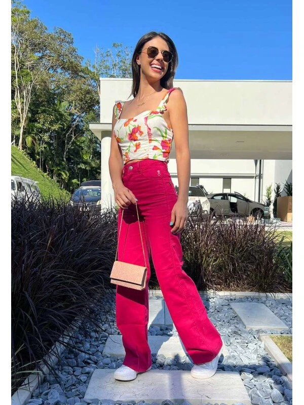CALÇA WIDE LEG COLLOR MARIANA FEMININA - COSH JEANS - Pink