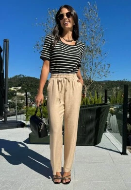 CALÇA WIDE LEG FEMININA CÓS DE ELÁSTICO - COSH - Bege escuro