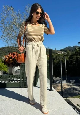 CALÇA WIDE LEG FEMININA CÓS DE ELÁSTICO - COSH - Caqui