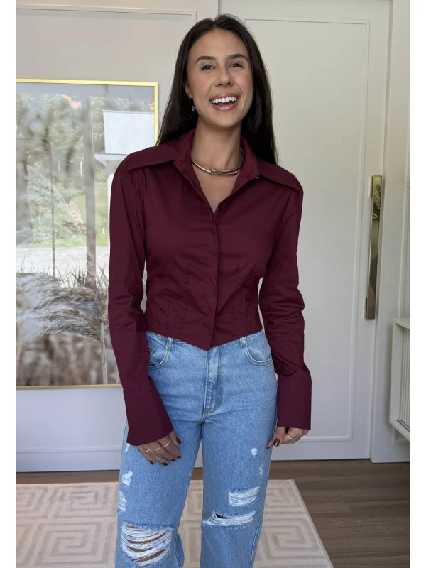 CAMISA CROPPED ACINTURADA - COSH JEANS - Vermelho