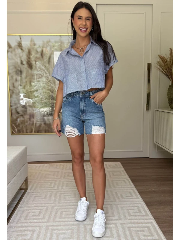 CAMISA CROPPED DE LISTRAS - COSH JEANS - Azul bic