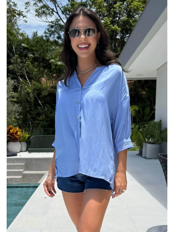 CAMISA FEMININA COM GUIPIR - COSH JEANS - Celeste