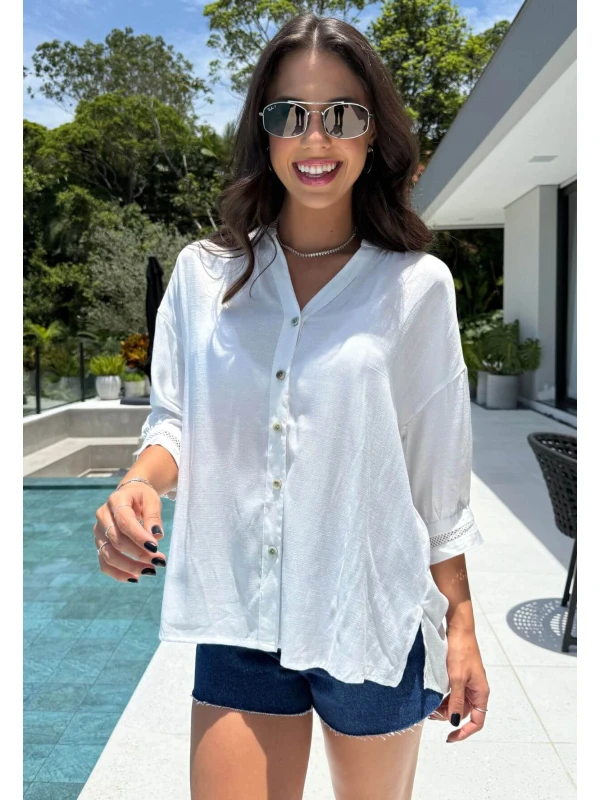 CAMISA FEMININA COM GUIPIR - COSH JEANS - Off white