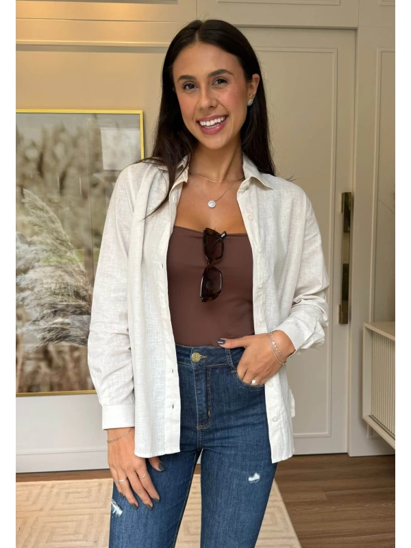 CAMISA FEMININA DE LINHO - COSH JEANS - Natural