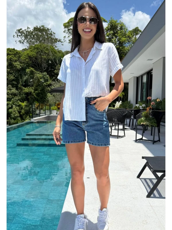 CAMISA FEMININA DE LISTRAS - COSH JEANS - Cinza