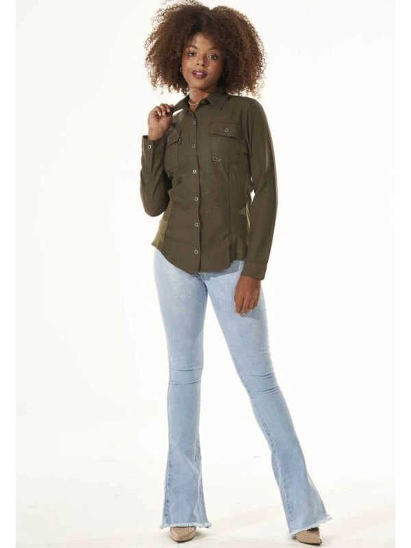CAMISA FEMNINA COM RIBANA NA LATERAL - Verde militar