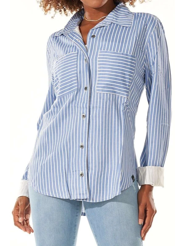 CAMISA FEMNINA DE VISCOSE C/LISTRAS - Azul