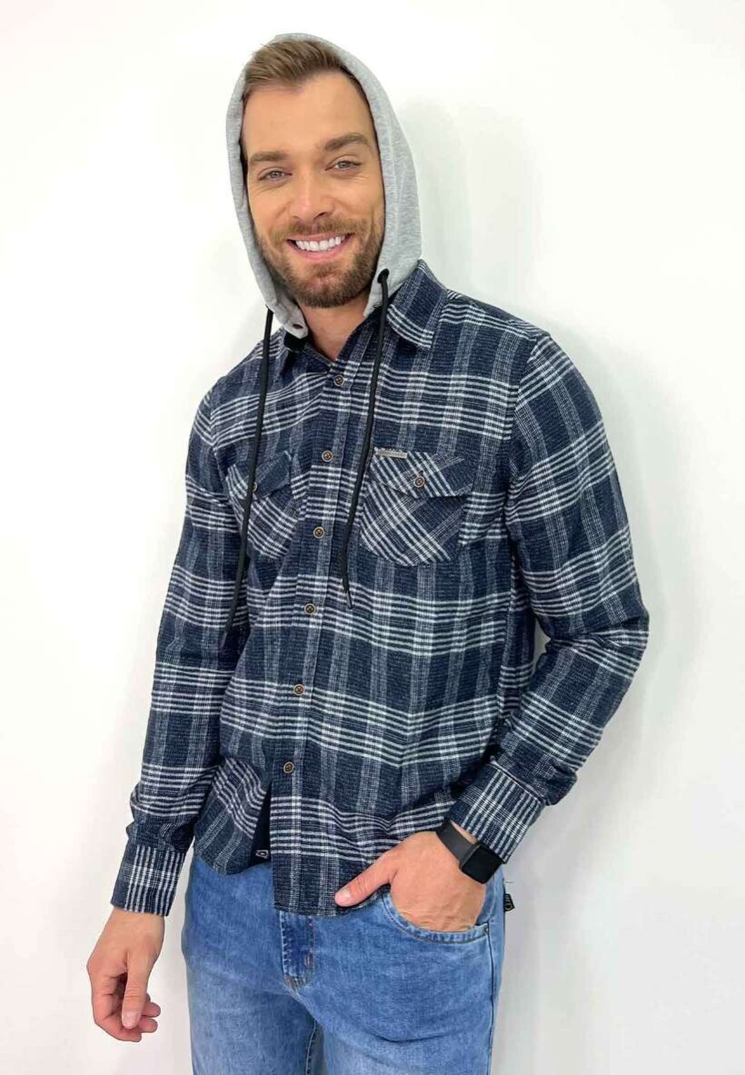 Camisa Xadrez Masculina com Capuz Estilo Streetwear Moda Inverno