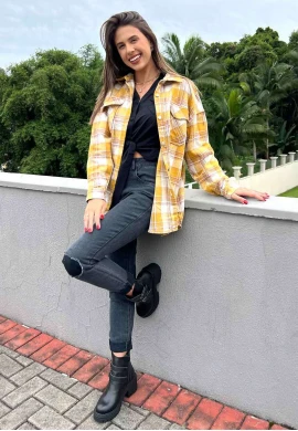 CAMISÃO XADREZ FEMININO FLANELA  COSH JEANS - Mostarda
