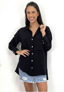 CAMISETE LONGO DE BOTÕES  COSH JEANS - Preto