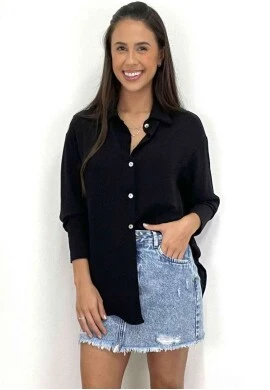 CAMISETE LONGO DE BOTÕES  COSH JEANS - Preto