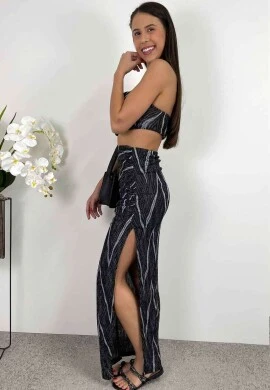 CONJ. SAIA LONGA E TOP FEMININO - COSH JEANS - Preto
