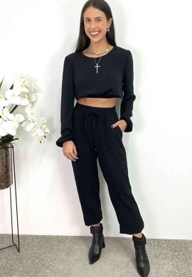 CONJUNTO CROPPED E CALÇA FEMININO  COSH JEANS - Preto