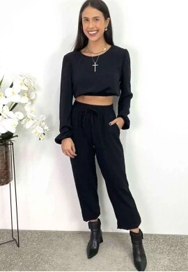 CONJUNTO CROPPED E CALÇA FEMININO  COSH JEANS - Preto