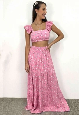 CONJUNTO DE SAIA LONGA E CROPPED  COSH JEANS - Rosa