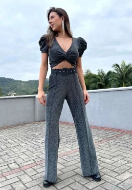 CONJUNTO FIO LUREX PANTALONA E CROPPED - COSH JEANS - Preto